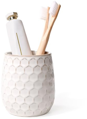 ANTIS'S HOME Zahnputzbecher Keramik 410ml – Badezimmerbecher & Mundspülbecher für Zahnpasta, Weiß Moderner Zahnbürstenbecher mit 3D-Wabenstruktur, dekoratives Badaccessoire (10 x 9,2 cm)
