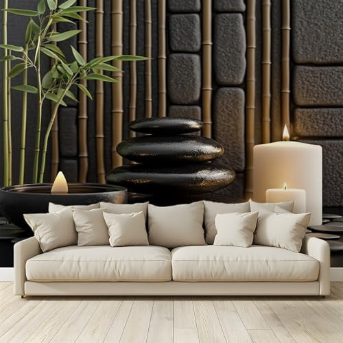 MKBKLI Mural Wallpaper Black Rocks Bamboo Leaves Candles Photo Backdrop Non-Woven Poster Picture Art Print for Living Room Bedroom TV Theme Hotel Warm Décor Papel 250 (W) x 175 (H) cm