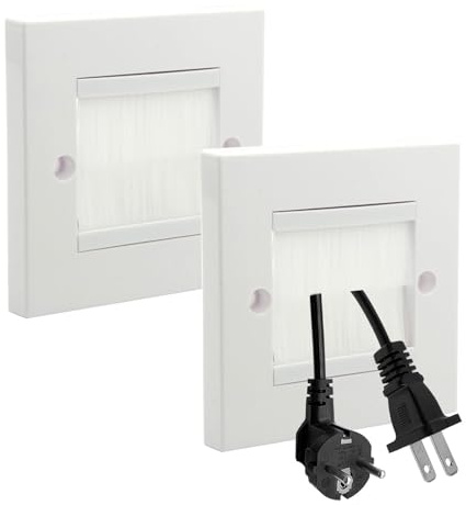 2Psc Brush Wall Plate, Cable Entry Cover, Single Gang White Faceplate, Cable Pass Through Insert for Wires, 8.6cm x 8.6cm Single Gang Wall Outlet Cables Entry-Plate for Home and Office