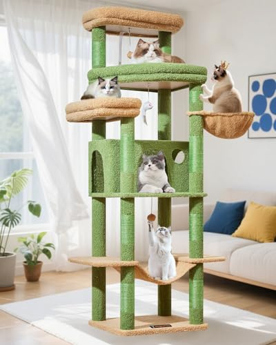 Taoqimiao 71 Inches Cat Tree for Large Cats 20lbs+, 3 Giant Perches, Multi-Level Cat Tree Tower, Widened Cat Condo with 9 Scratching Posts, Luxurious Hammcock & Basket, Cactus, MS034T