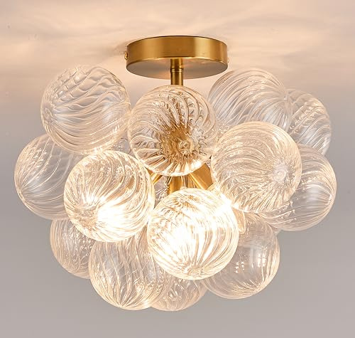 Surpars House Bubble Ball Chandelier, Flush Mount Glass Ceiling Light, Modern 4 Lights Ceiling Lighting Fixture for Bedroom,Livinng Room,Dining Room (Clear Balls 4 Lights)