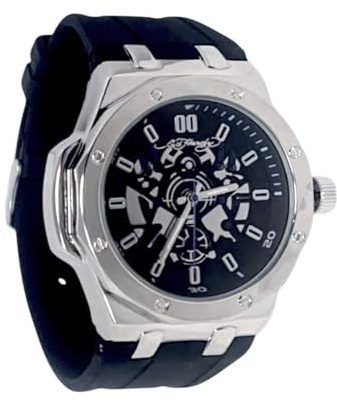 ED HARDY 50780S-42-G02 Herren-Armbanduhr mit rundem Zifferblatt und Silikonarmband, silberfarben