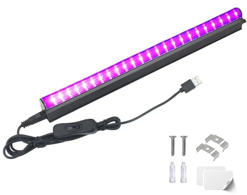 FiTspi UV LED Schwarzlichtstreifen, USB 5W 1.8M Kabel UV Licht 0.3m 24 LEDs Lichtleiste, 395-405nm UV Lampenröhre für Innen Halloween Weihnachten Glow Party Dekorationen