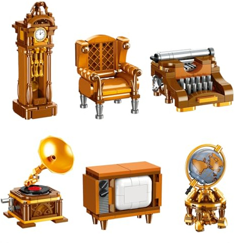 DrmBeyd 6er Retro Möbel Bausteine Set, Ideas Bausteine Retro Möbel mit Schreibmaschine, Sofa, Fernseher, Globus, Standuhr, Grammophon, Heim Büro Vintage Bausatz Geschenk, 465 Teile