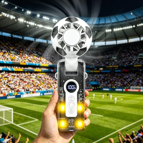 Ventilador Portátil de Fútbol, Mini Ventiladores de Mano recargable USB con 5 Velocidades Ajustables, Ventilador Plegable de Escritorio con Pantalla Digital para el Hogar, Oficina, Viajes（con Cordón）