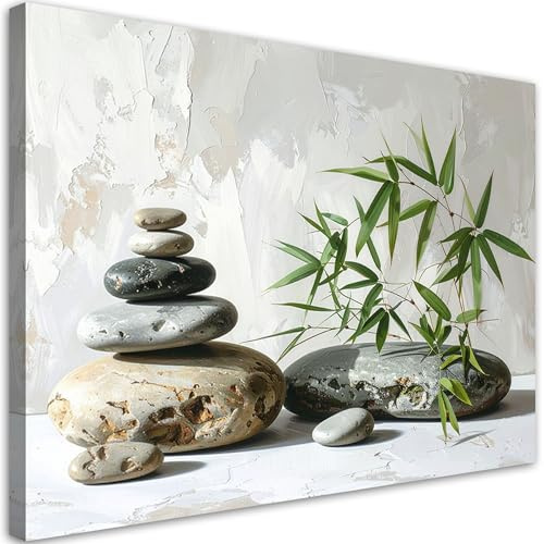 Feeby Leinwand Bilder - Bild Wohnzimmer - Zen Steine Spa Bambus - 90x60 1tlg - Deko Schlafzimmer Groß - Dekoration Canvas - Gemälde - Modern Wandbilder - Kunstdruck