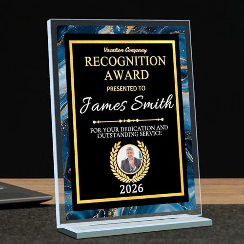 Personalisierte Trophäe, Medaille & Plakette – individuell anpassbarer Acryl-Award mit eigenem Foto oder Logo – Unternehmens-Ehrentrophäe für den Schreibtisch – Auszeichnungen für Mitarbeiter des Mona