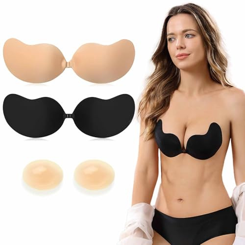 Trustnice Soutien Gorge Dos Nu Invisible, Soutien-Gorge Adhesif Push Up, 2 Paires Soutiens Gorge sans Bretelle Réutilisable avec Cache-téton