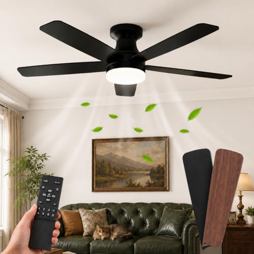 HEMVOR 106cm Deckenventilator mit Beleuchtung Leise Flach H22cm, Doppelseitige Flügeln, Deckenventilator mit Fernbedienung & App, DC Motor, Dimmbar, 6 Stufen Reversibel für Schlafzimmer Wohnzimmer
