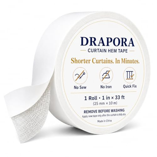 DRAPORA Hemming Tape for Curtains,No-Sew No-Iron Shortens Too-Long Drapes | Shorten too-long curtains without sewing or ironing. Keep the original length. Best for light-to-medium curtains.