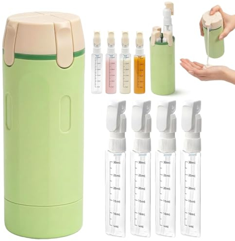 BPTZYLN 4 in 1 Travel Bottle Dispenser, Portable Essentials Leak Proof Refillable Travel Bottles for Toiletries with Scale and Label, Reusable Containers for Shampoo Lotion Liquid Cream (Green)
