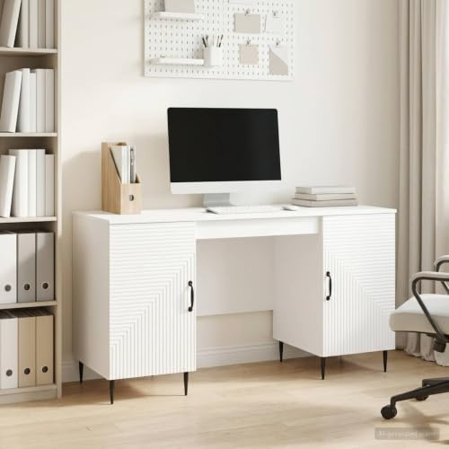 Tonture Bureau Blanc Brillant en Bois d'ingénierie 142,5 x 50 x 75 cm avec étagères et Rangement pour télétravail, étude, Salon, Chambre, Console pupitre Ergonomique Pliable