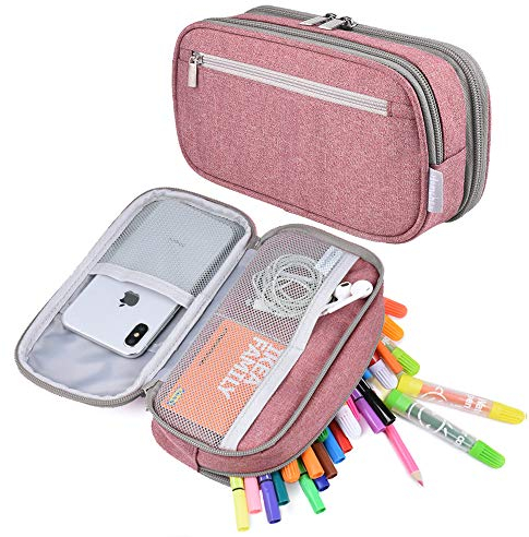 YONZONE Large Pencil Case Big Capacity Pencil Cases 3 Compartment Pencil Bag Pen Pouch for Girls Boys, High Storage Office School Stationary Organiser Makeup Bag Adults, Light Pink