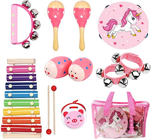 Kids Musical Instruments Sets, Non-Toxic Musical Toy, Wooden Percussion Instruments Toys Tambourine Xylophone for Kids Playing Preschool Education, Promotes Early Learning for Boys Girls Gift