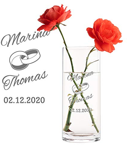 Casa Vivente Runde Blumenvase mit Gravur zur Hochzeit, Motiv Ringe, Personalisiert mit Namen und Datum, Hochzeitsgeschenke für Brautpaar