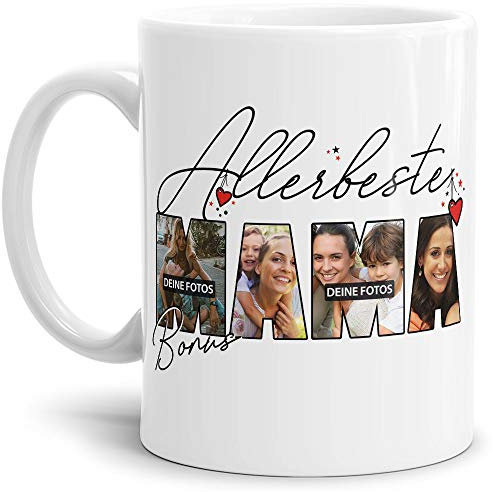 Tassendruck Fototasse mit Spruch - Allerbeste Bonus Mama - zum Selbst gestalten mit Foto-Collage für 4 Fotos, Weiß, 300 ml