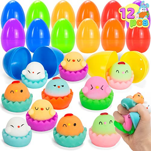 JOYIN 12 Stück Vorgefüllte Ostereier mit Mochi Squishy Spielzeug, Niedliches Hühner Mochi Stressabbau für Oster Party, Ostereier zum Befüllen, Ostereier Jagd, Osterkorbfüller Geschenk für Kinder