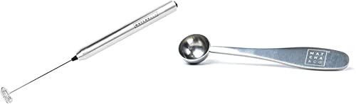 Matcha & CO Batidor espumador eléctrico de Mano. Espumador de Leche, café o té. Funciona con Dos Pilas AAA+Cuchara medidora para té Matcha - dosis de 1 gramo - Medida Taza - Acero Inoxidable 18/10