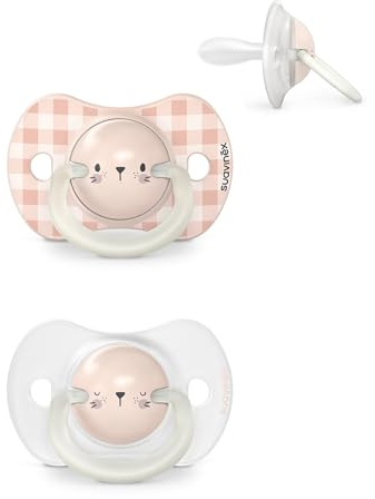 Suavinex, Lot de 2 Sucettes pour Bébé 6/18 Mois, Sucettes Phosphorescentes, Idéal Nuit, avec Tétine Symétrique SX Pro en Silicone, Réversible, Douce et Souple, Night and Day, Rose