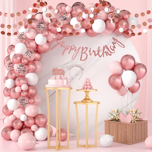 Geburtstag Deko Rosegold Luftballons Frau - 101 StüCk RoséGold Luftballons Konfetti Ballons Happy Birthday Girlande Banner MäDchen Tiara Stirnband Kuchendeckel Geburtstagsparty Zubehör Set FüR Frauen