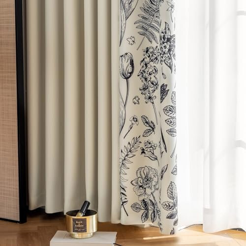Epinki Vorhänge Gardinen Schlafzimmer Milchweiß 2er Set, Patchwork Blumen Vorhang Muster Lang, Ösen Vorhang für Jugendzimmer Polyester Baumwolle für Wohnzimmer, Jeder B 132 x H 274cm