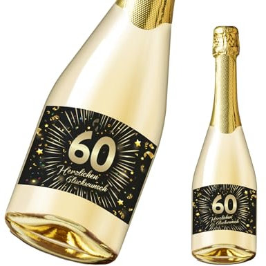 Friendly Fox Flaschenetikett zum 60. Geburtstag, 2x selbstklebende Flaschen Aufkleber zum Geburtstag, Happy Birthday Etikett mit Goldfolie veredelt