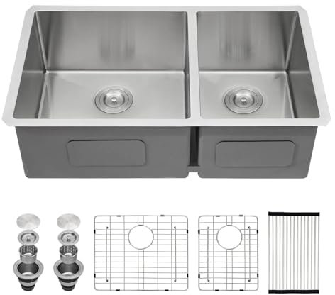 Sarlai 33x19 Double Bowl Undermount Kitchen Sink - Stainless Steel 16 Gauge Round Corner 60/40 Basin