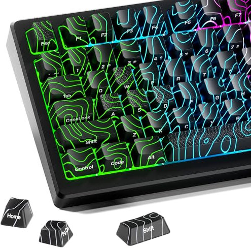 HITIME XVX Shine Through Custom Topographic Keycaps w/IMD Tech, 60 75 100 Percent, Black, OEM Profile, Side Printed, Backlit Keycap Set for Keyboards