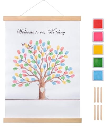 HACRAHO Grande libro degli ospiti per matrimonio, impronte digitali, albero famiglia, pittura su tela, decorazione creativa per la casa, palloncini decorativi per feste, con tamponi di inchiostro, set