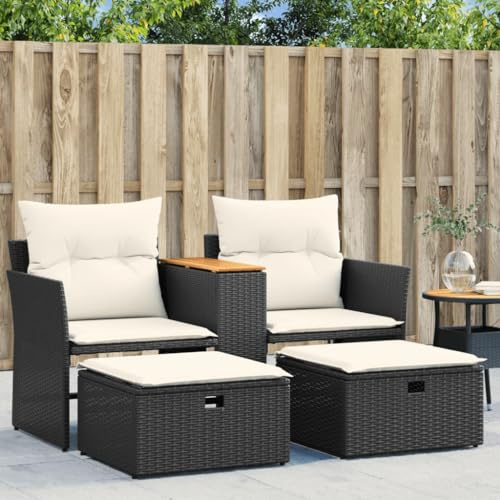 Hommdiy Gartensofa 2-Sitzer mit Hockern Schwarz Poly Rattan ohne Vordach Schwarz