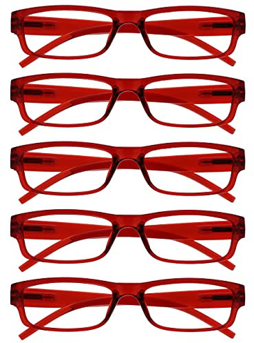 The Reading Glasses Company OPULIZE ACE Lesebrille für Damen und Herren - 5er-Pack - Schmaler Rechteckiger Rahmen - Komfort Federscharniere - Kratzfest - Rot +1.00