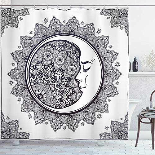 ABAKUHAUS Zodiaque Rideau de Douche, Boho Étoile Lune Mandala, Tissu Ensemble de Décor de Salle de Bain avec Crochets, 175 x 200 cm, Blanc Bleu Foncé