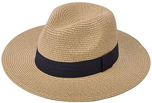 DRESHOW Femme Homme Chapeau de Paille Panama Chapeau Été Large Bord Chapeau de Soleil Anti-UV pour Plage Voyage Chapeau de Soleil Marron Taille unique (56-58 cm)