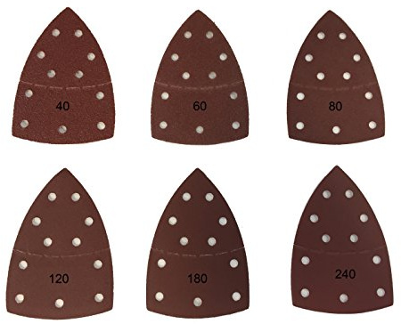 Prio-Schleifdreiecke │ 120 Stück │ 11-Loch │ 105 x 152 mm │ je 20 x Korn 40/60/80/120/180/240 │ für Multischleifer │ Schleifblätter │ dreieckige Schleifpads │ Schleifpapier