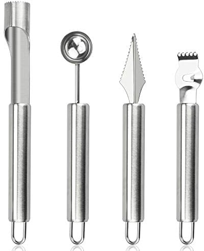 CODIRATO 4 PCS Fruit Tool Set 4 in 1 Fruit Carving Knife Stainless Steel Watermelon Baller Multifunctional Fruit Peeler Seed Remover Kitchen Helper Set for Different Fruits