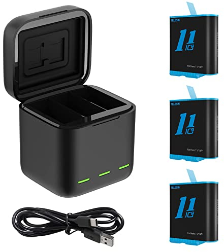 TELESIN caricabatterie a 3 canali con 3 batterie per GoPro Hero 11 10 9 Black, Caricabatteria tripla e scatola di immagazzinaggio di batteria con caricabatteria a 3 canali per GoPro Hero 11 Hero 10