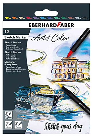 EBERHARD FABER 558212 - Dual Brush Pen Artist Color, 12 Filzstifte dicke und dünne Spitze, aquarellierbar