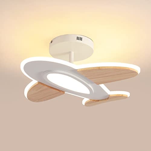 Schindora 35W LED Deckenleuchte Kinderzimmer I Flugzeugform Dimmbar Deckenleuchten mit Fernbedienung I 50 * 45cm I 2700-6500K I Weiß und Holz Zubehör Deckenlampe