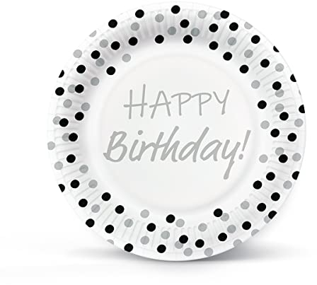 PAW - Paper Plate (23 cm) I 10 Pieces I Colourful Disposable Paper Plates I Ideal for Weddings Communions Parties Birthday I Printed with waterbased Ink I Color: Birthday Confetti (Silver-Black)