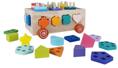 Okarie's - 30-teiliger Montessori Holzwagen Steckspiel ab 1 Jahr Steckpuzzle Stapelspiel Holzspielzeug Sortierspiel