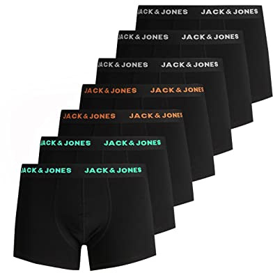 JACK & JONES Men's JACBELMO Trunks, Pack of 7, Black/Logo White/Orange/Green, L