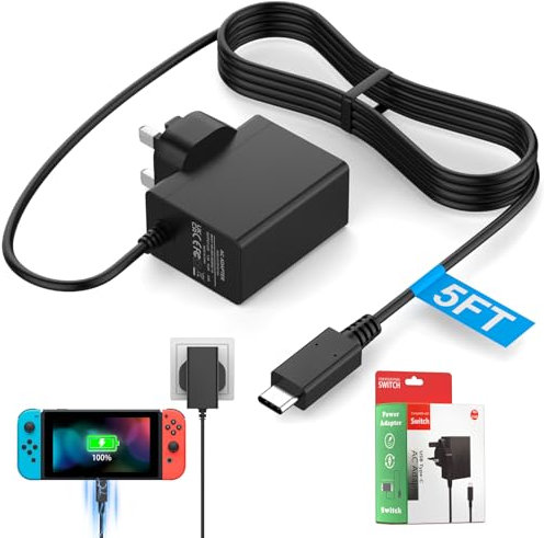 for Nintendo Switch Charger Cable Power Adapter Ac for lite, Dock, OLED, Pro Controller UK Plug 15V 2.6A Fast Charging Support TV Mode
