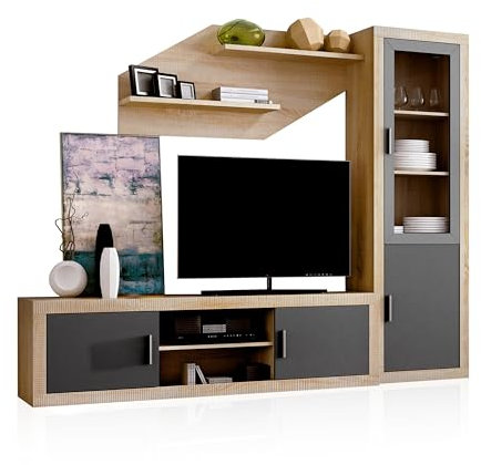 duehome | Salon Modular, Conjunto de Muebles de Salon, Modelo Nuka V4, Acabado en Cambria y Gris Grafito, Medidas: 240 cm (Largo)