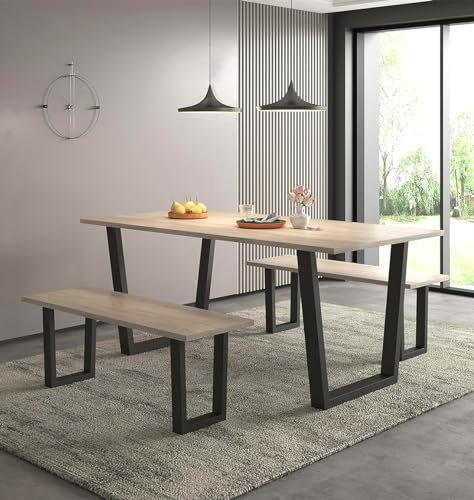 Hallowood Furniture Dudley Dining Table and Bench Set, Industrial Style Dining Table with Black Metal U Shaped Legs (180cm) & 2 Benches, Modern Kitchen Table Dining Room Set