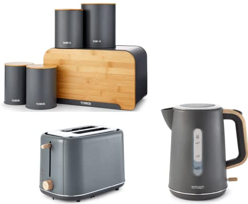 Tower Scandi Grey Kettle, 2 Slice Toaster & 5 Piece Storage Set with 3 Canisters, Bread Bin with Chopping Board Lid & Biscuit Barrell. Contemporary Matching Kitchen Set in Grey