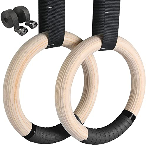 LIFERUN Gymnastics Rings Wooden Rings Gymnastics Rings 32mm, Olympic Gymnastics Rings with Grip Strap, Adjustable Buckle Straps and Markings, Rings Training for Full Body Workout