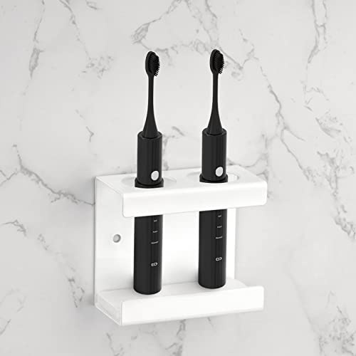 Adorila Electric Toothbrush Holder Wall Mount 2-Slot, White | Self-Adhesive or Screw Installation, Stainless Steel with Absorbent Diatomite Tray, Fits Handles Under 3.5 cm Diameter