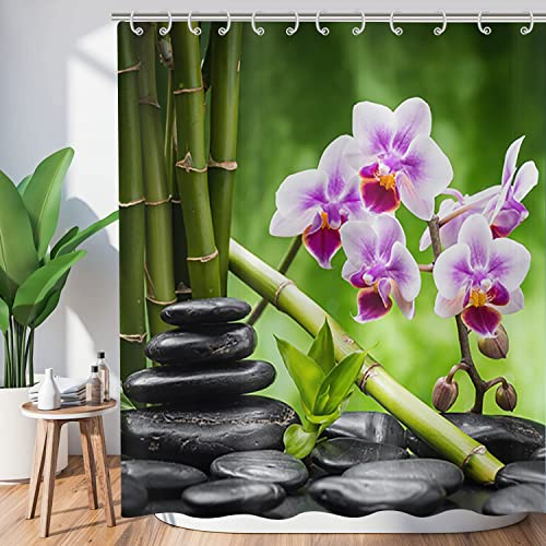 Hnmdmyi Zen Garden Shower Curtain 180x180, Spa Green Bamboo Black Stone Purple Flower Bathroom Curtains Japanese Meditation Relaxing Waterproof Polyester Fabric Washable Bath Curtains with Hooks