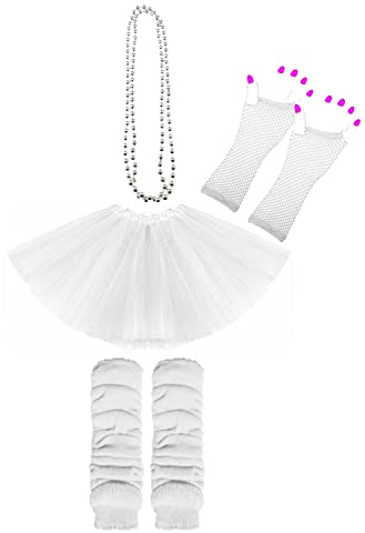 Lizzy Neon Colour Leg Warmers + Fishnet Gloves + 3Layer Tutu + Beads Necklace | 80s Neon Teen Fancy Dress Dance ware Hen Party Tutu Accessory (White, Ladies)