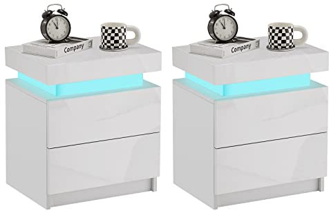 CLIPOP Set of 2 Bedside Tablewith 2 Drawers, White High Gloss Front Bedside Table with LED Lights and Top Storage Cabinet, Modern Nightstand Cabinet for Bedroom Living room